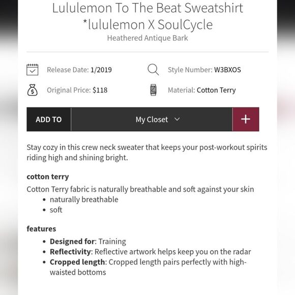 Lululemon X Soulcycle To The Beat Sweatshirt Heathered Antique Bark Terry Size 6 - Picture 10 of 10